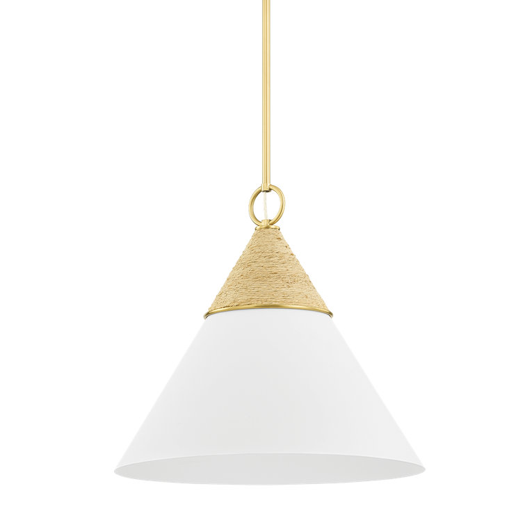 Aged Brass and White Cone Pendant Light with Rattan Accent