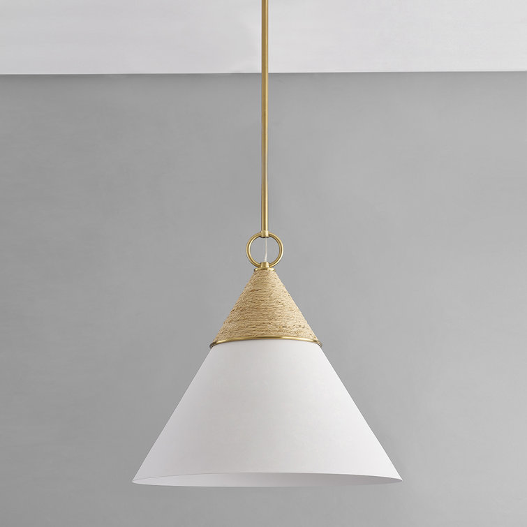 Aged Brass and White Cone Pendant Light with Rattan Accent
