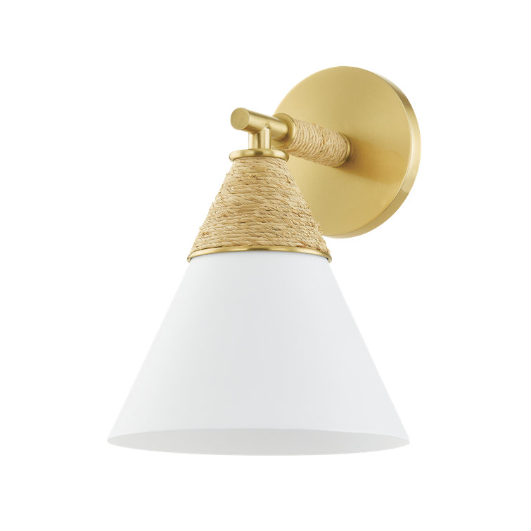 Aged Brass and White Metal Cone Sconce with Rattan Accent