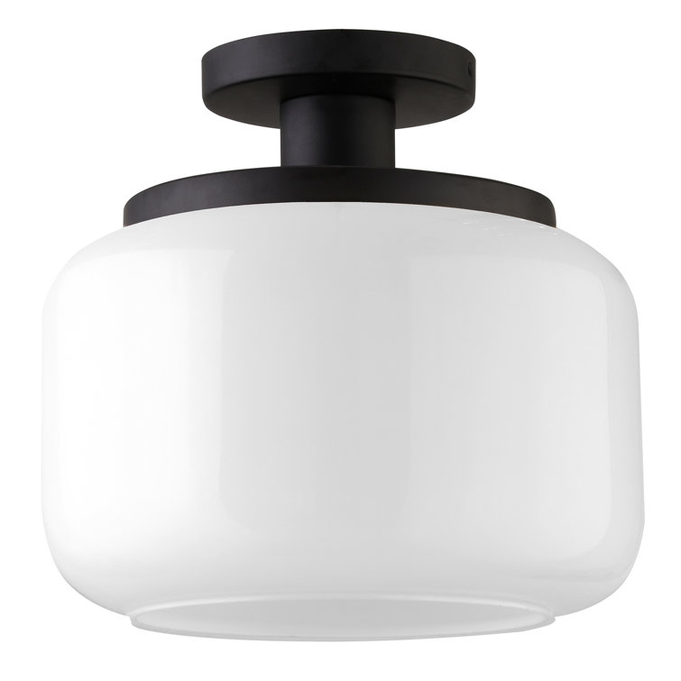 White Glass Drum Semi Flush Mount with Blackened Bronze Finish