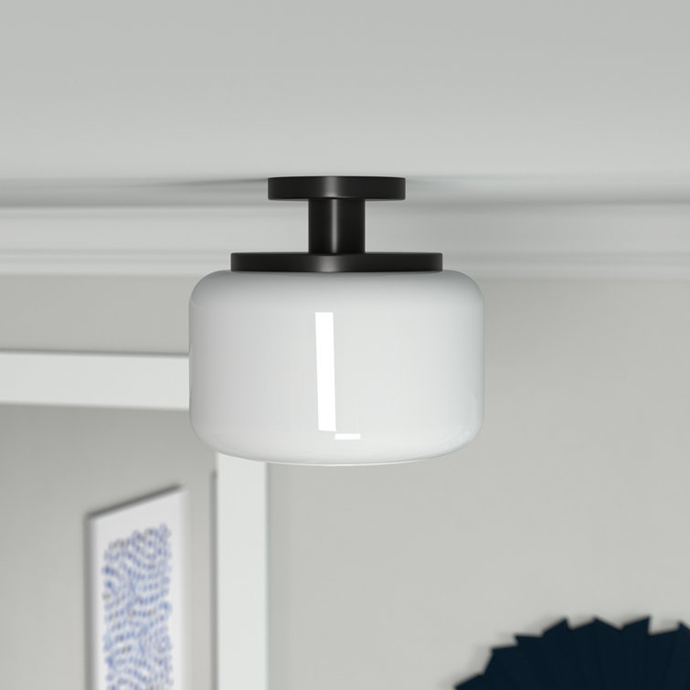 White Glass Drum Semi Flush Mount with Blackened Bronze Finish