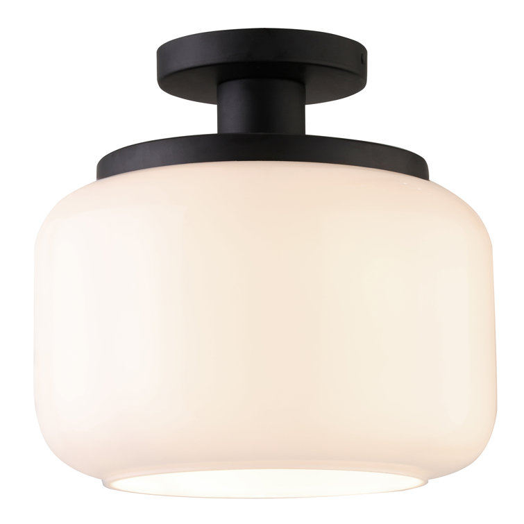 White Glass Drum Semi Flush Mount with Blackened Bronze Finish