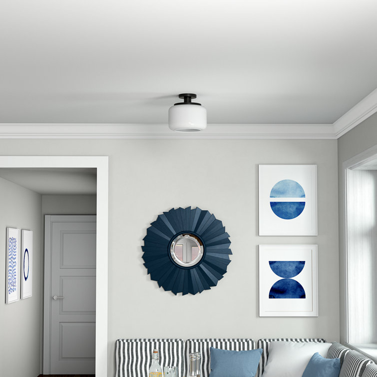 White Glass Drum Semi Flush Mount with Blackened Bronze Finish