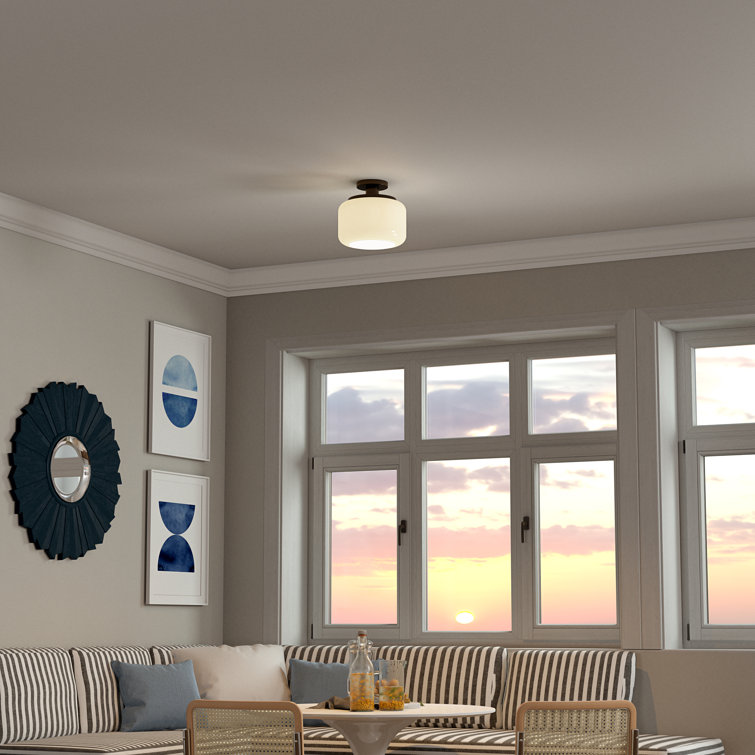 White Glass Drum Semi Flush Mount with Blackened Bronze Finish