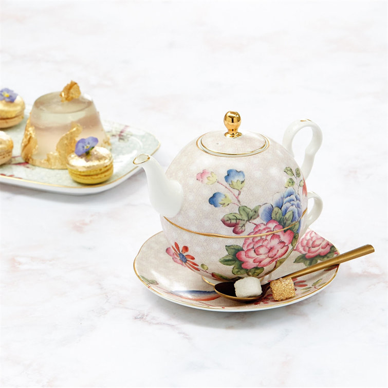 Floral Multicolor Bone China Teapot and Teacup Set