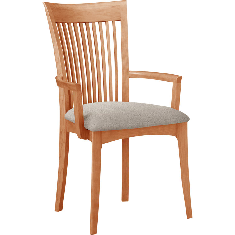 Modern Cherry Wood Slat Arm Chair with White Leather Upholstery