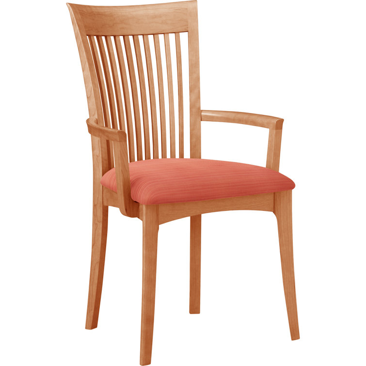 Modern Cherry Wood Slat Arm Chair with White Leather Upholstery