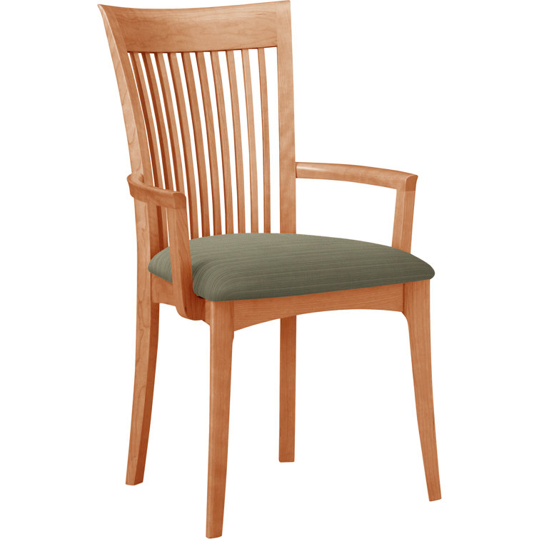 Modern Cherry Wood Slat Arm Chair with White Leather Upholstery