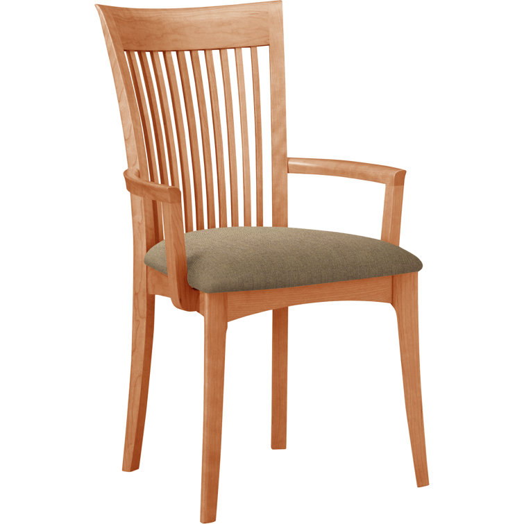Modern Cherry Wood Slat Arm Chair with White Leather Upholstery