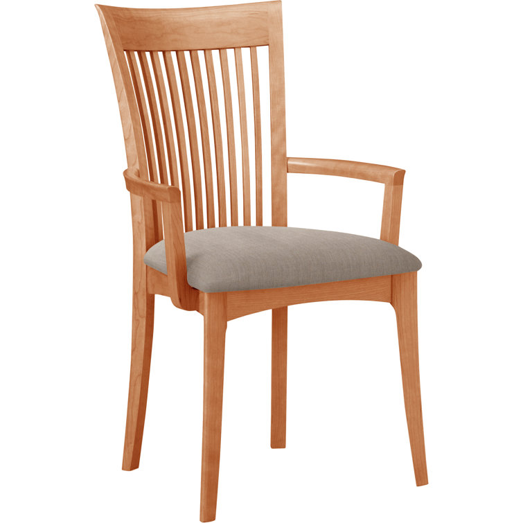 Modern Cherry Wood Slat Arm Chair with White Leather Upholstery