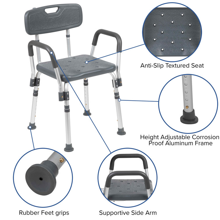 Adjustable Gray Safety Shower Chair with Quick Release Arms