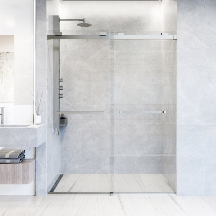 Houston Frameless Sliding Shower Door with Clear Glass and Stainless Steel Finish