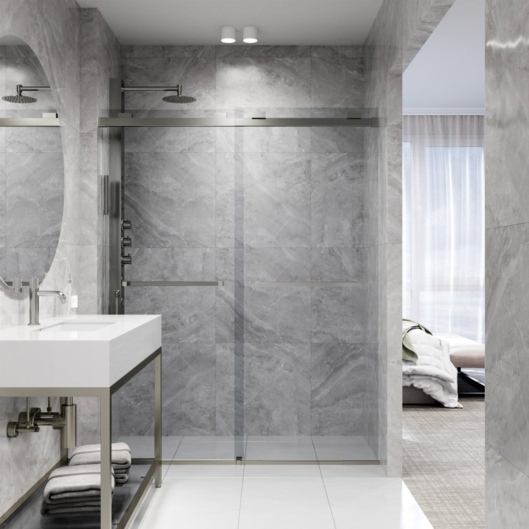 Houston Frameless Sliding Shower Door with Clear Glass and Stainless Steel Finish
