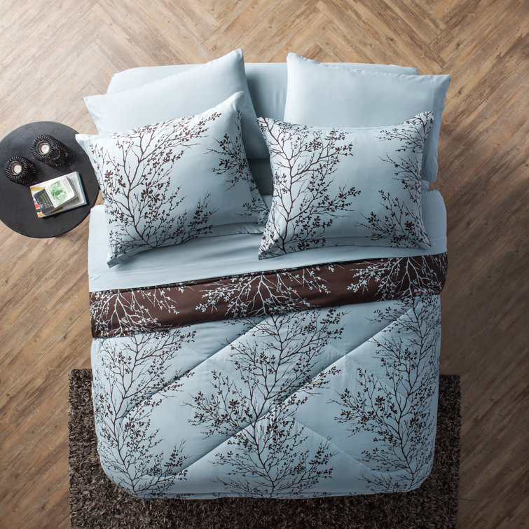 King Blue and Chocolate Floral Microfiber Bed in a Bag Set