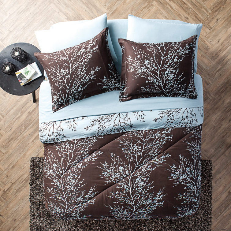King Blue and Chocolate Floral Microfiber Bed in a Bag Set