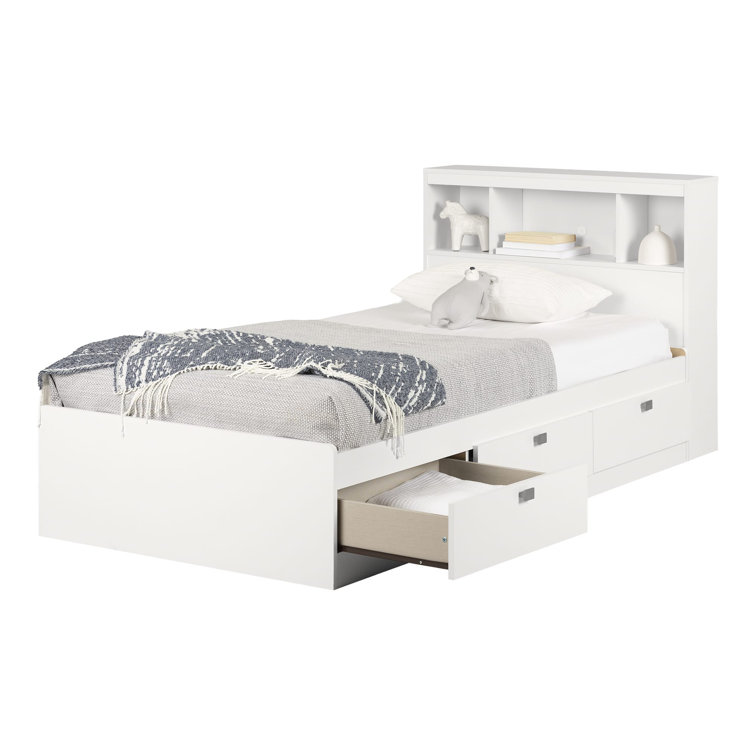 Pure White Twin Captain's Bed with Storage and Bookcase Headboard