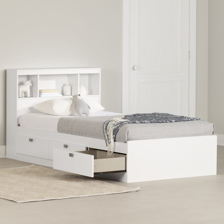 Pure White Twin Captain's Bed with Storage and Bookcase Headboard