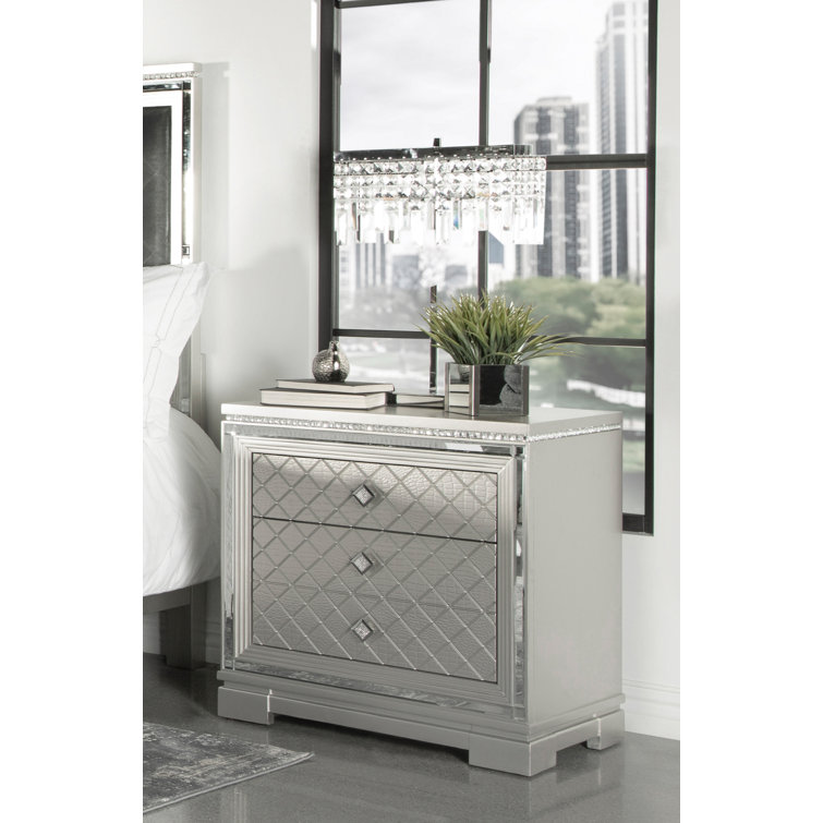 Metallic Mercury Pine 2-Drawer Nightstand with Crystal Accents