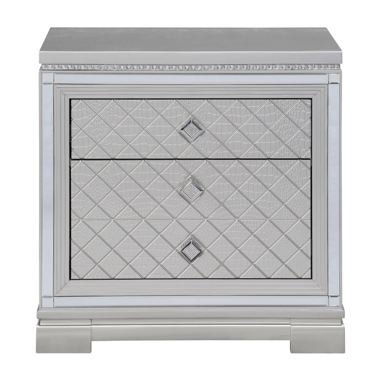 Metallic Mercury Pine 2-Drawer Nightstand with Crystal Accents