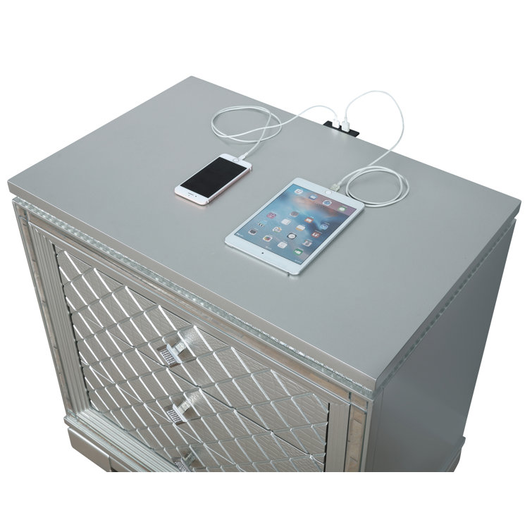 Metallic Mercury Pine 2-Drawer Nightstand with Crystal Accents