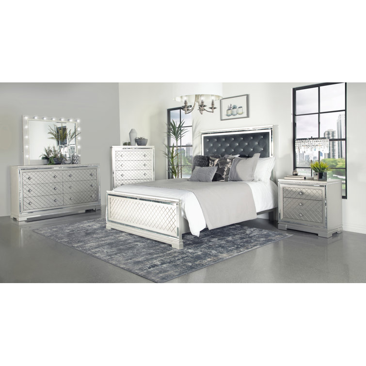 Metallic Mercury Pine 2-Drawer Nightstand with Crystal Accents