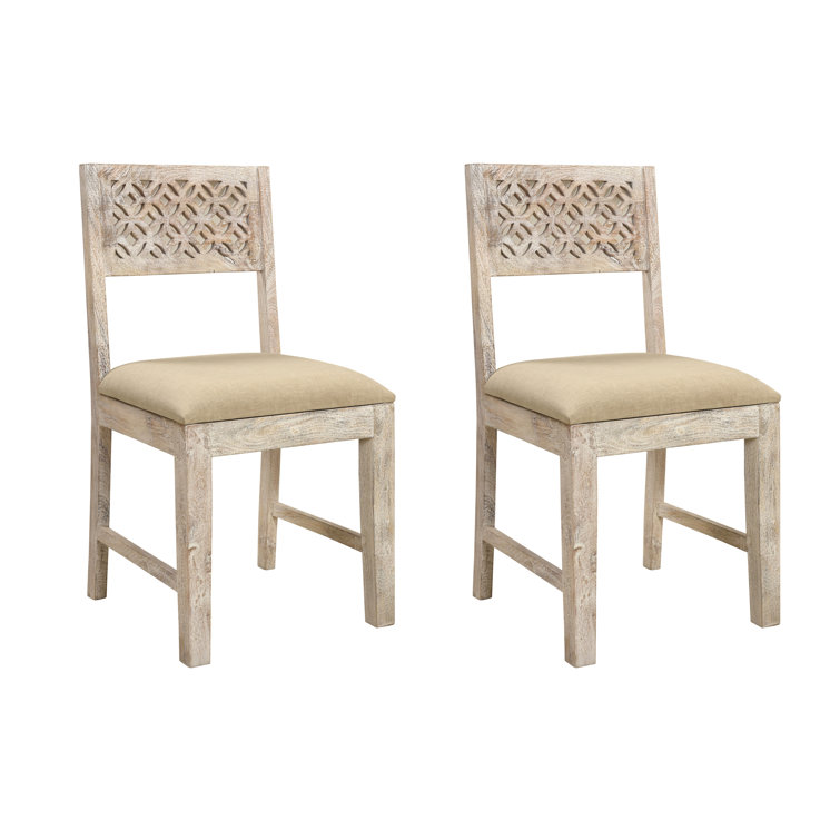 Quincy Mango Wood White Upholstered Slat Back Chairs, Set of 2