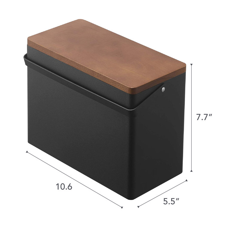 Yamazaki Home Compact Black Steel & Wood Odds-and-Ends Organizer with Lid