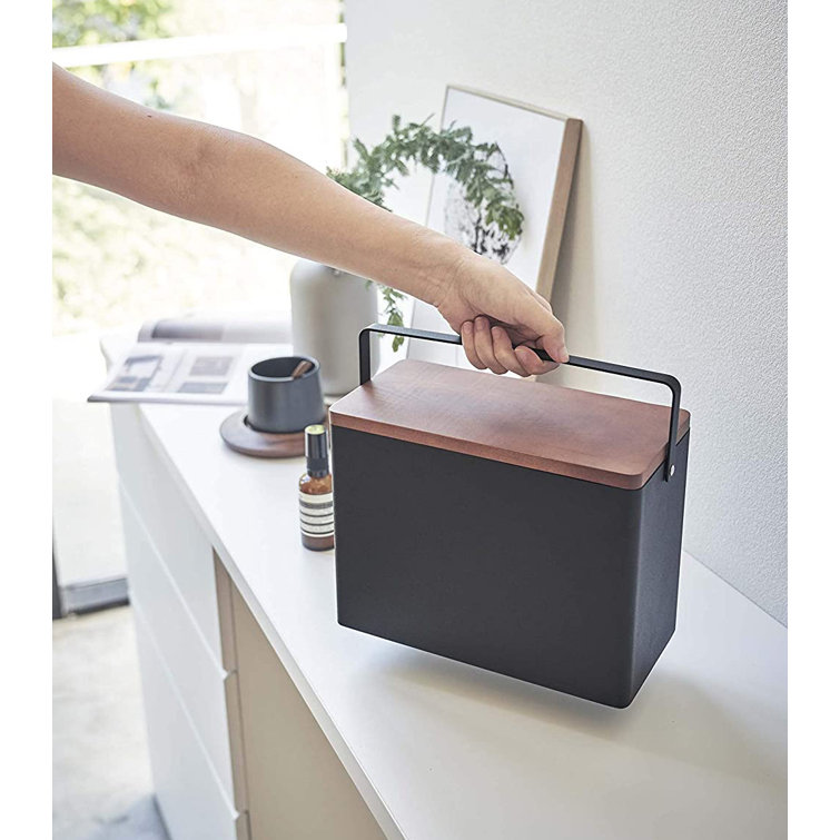 Yamazaki Home Compact Black Steel & Wood Odds-and-Ends Organizer with Lid