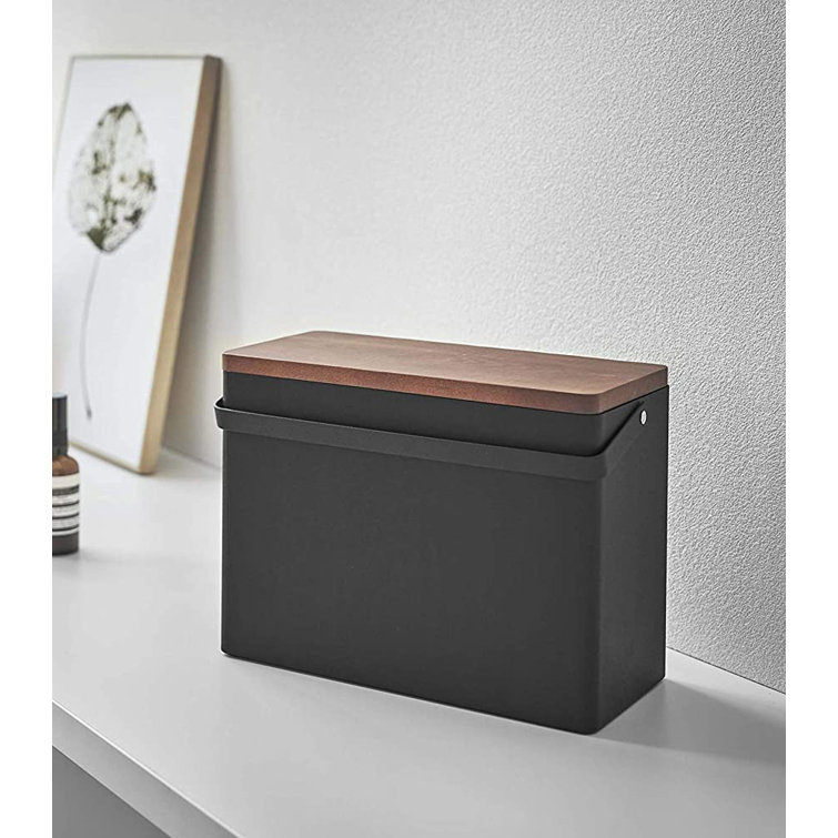 Yamazaki Home Compact Black Steel & Wood Odds-and-Ends Organizer with Lid