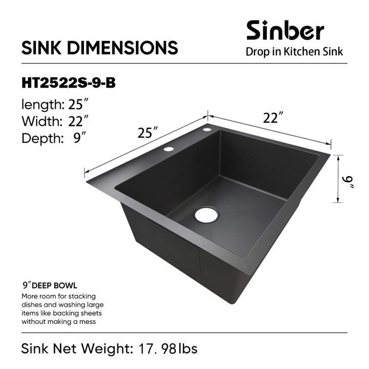 Sinber 25'' Black Stainless Steel Drop-In Single Bowl Kitchen Sink