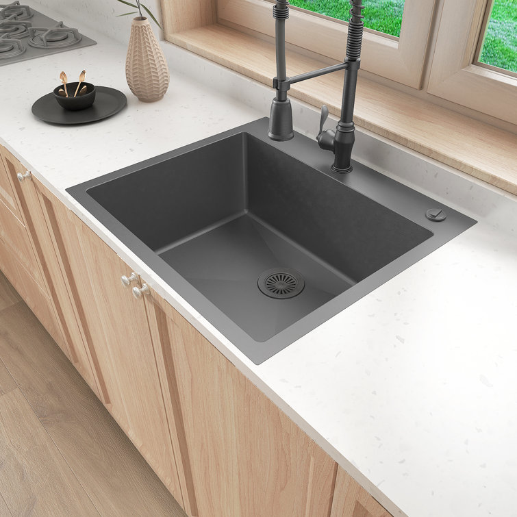 Sinber 25'' Black Stainless Steel Drop-In Single Bowl Kitchen Sink