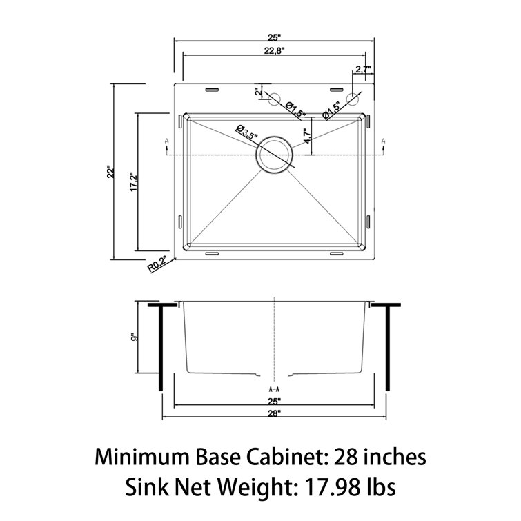 Sinber 25'' Black Stainless Steel Drop-In Single Bowl Kitchen Sink