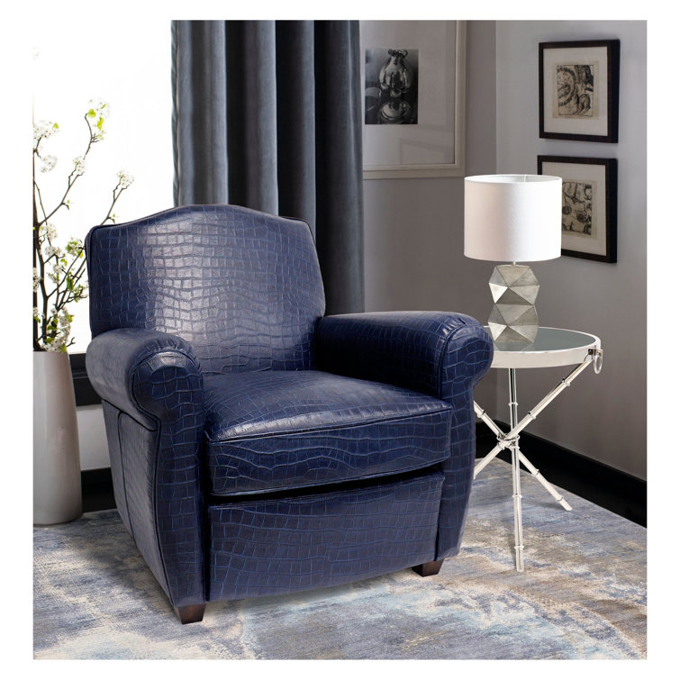 Navy Blue Crocodile Embossed Leather Wingback Chair with Dark Brown Legs