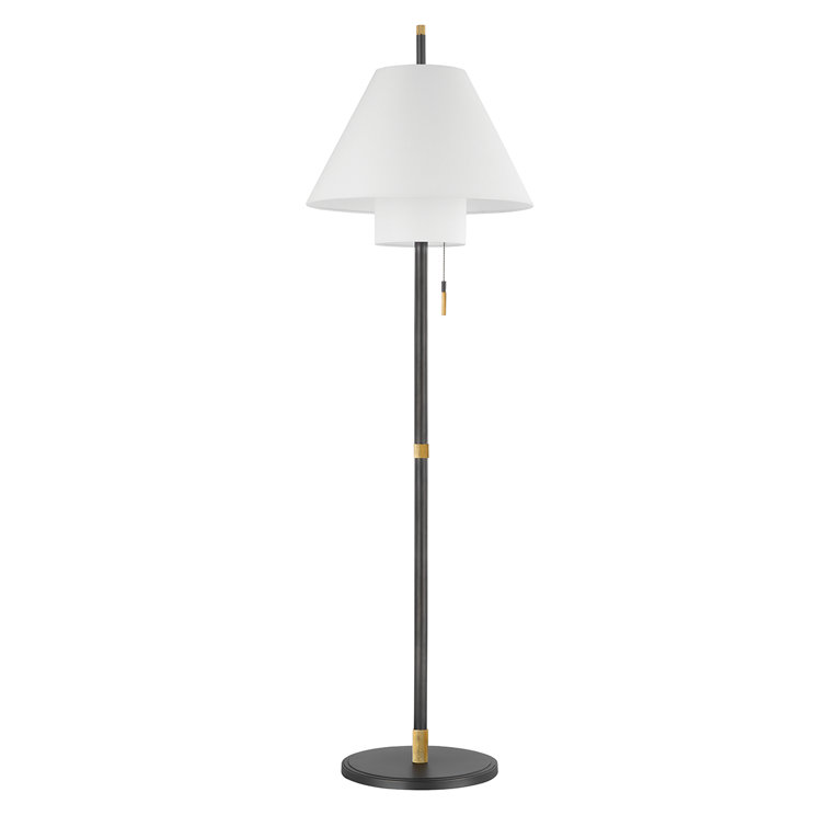 Aged Brass Adjustable Floor Lamp with White Linen Shade