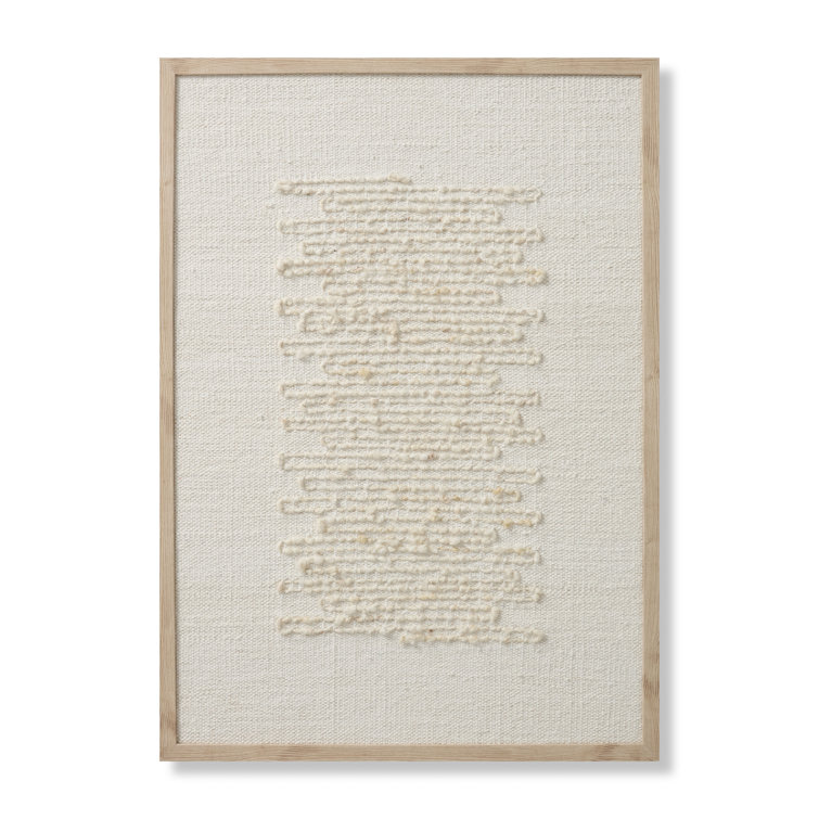 Beige and Ivory Handwoven Canvas Wall Art with Natural Wood Frame