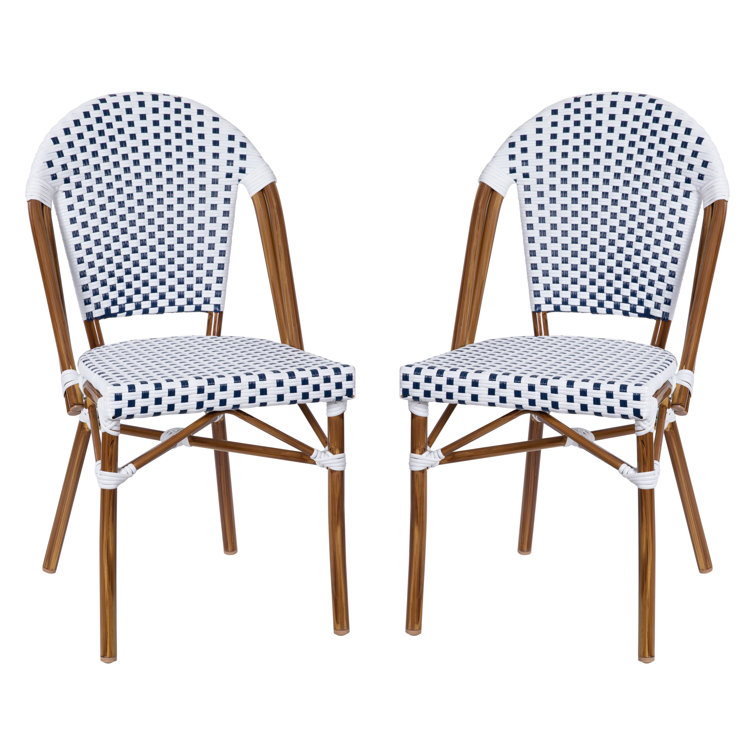 White and Navy Checkered PE Rattan Armless Side Chairs