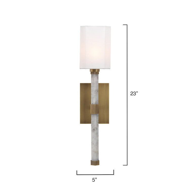 Antique Brass and White Quartz Dimmable Wall Sconce with Linen Shade