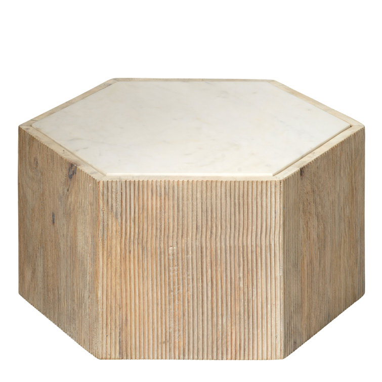 Round Washed Mango Wood and White Marble Side Table