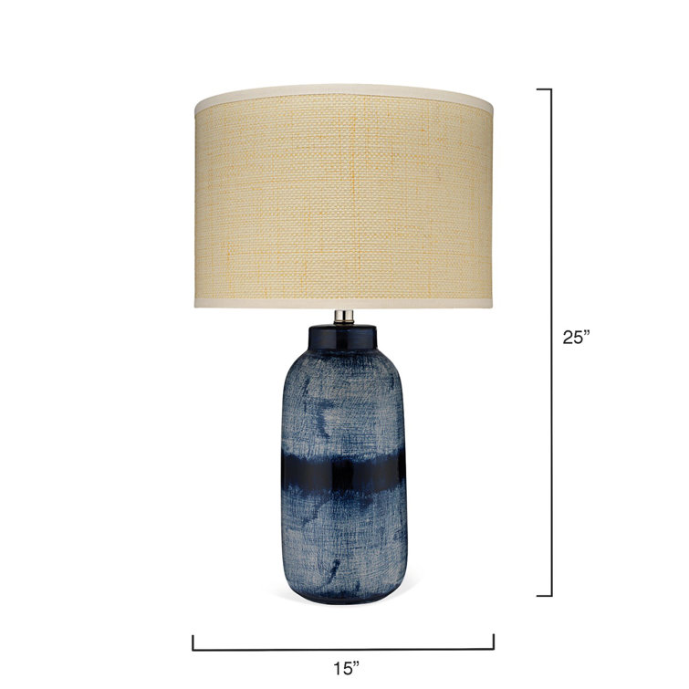 Blue Ceramic Table Lamp with Raffia Drum Shade