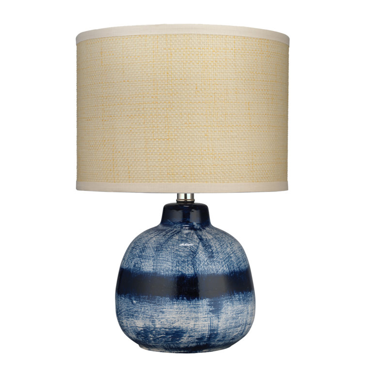 Blue Ceramic Table Lamp with Raffia Drum Shade