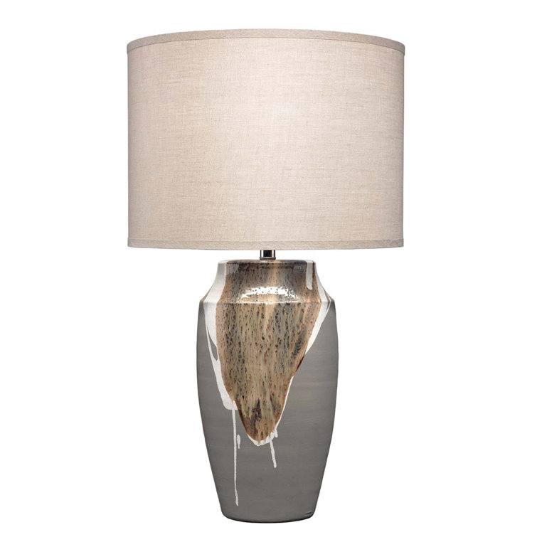 Matte Grey Ceramic Table Lamp with Beige/White Drip and Linen Shade