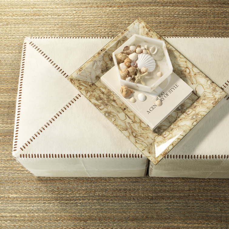 Elegant White Hide Cubic Ottoman with Crisscross Stitching