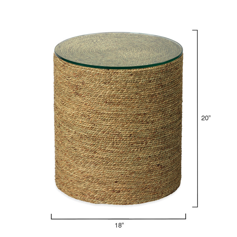 Natural Seagrass Drum Side Table with Glass Top
