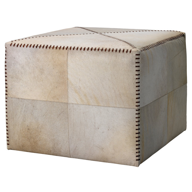 Elegant White Hide Cubic Ottoman with Crisscross Stitching