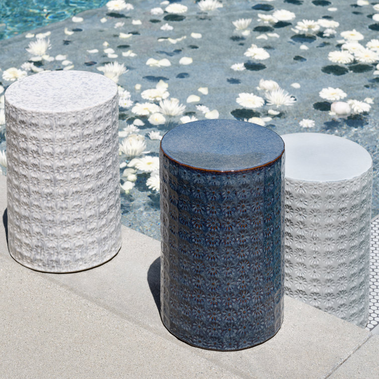 Blue Ceramic Embossed Floral Drum Accent Table