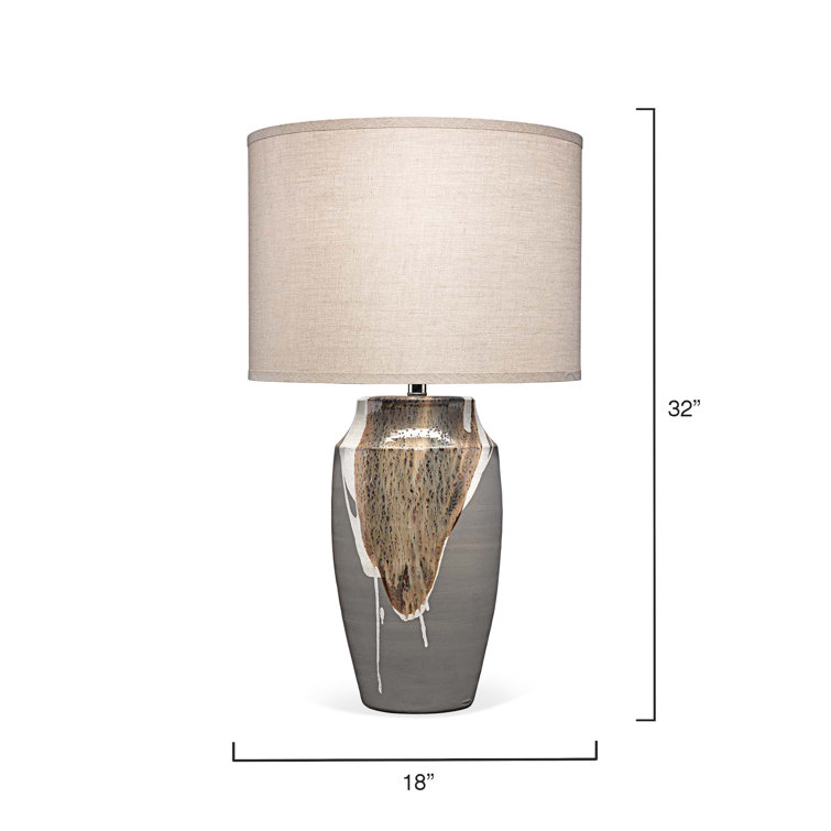 Matte Grey Ceramic Table Lamp with Beige/White Drip and Linen Shade