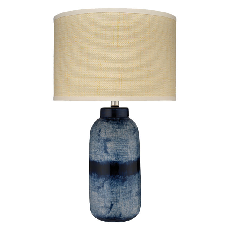 Blue Ceramic Table Lamp with Raffia Drum Shade