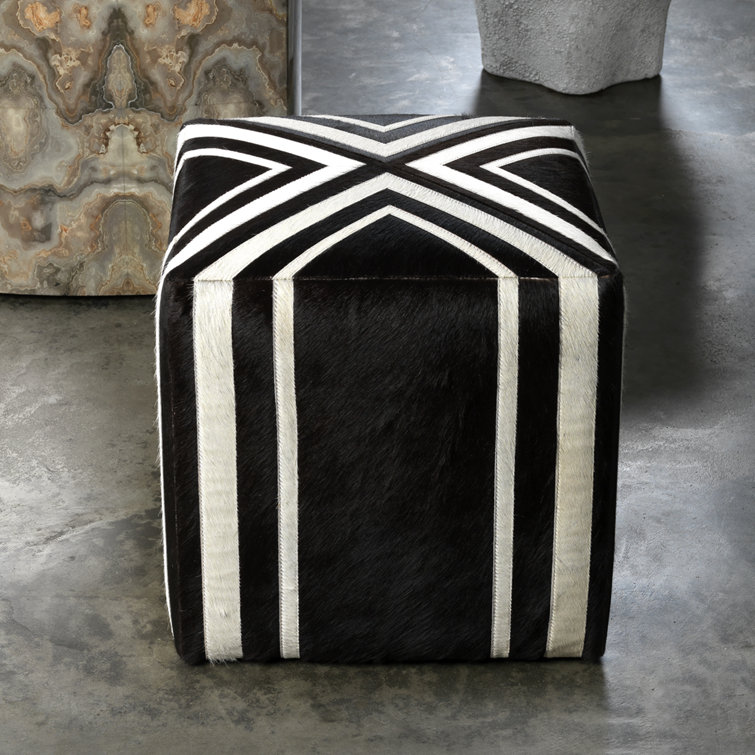 Espresso and White Hair-on-Hide Square Ottoman