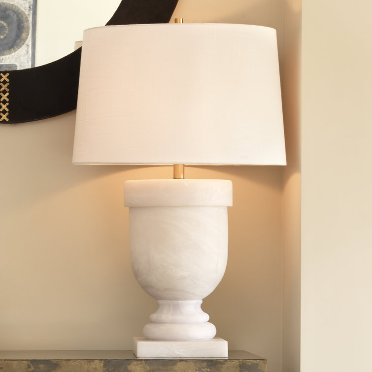 White Faux Alabaster Table Lamp with Linen Shade