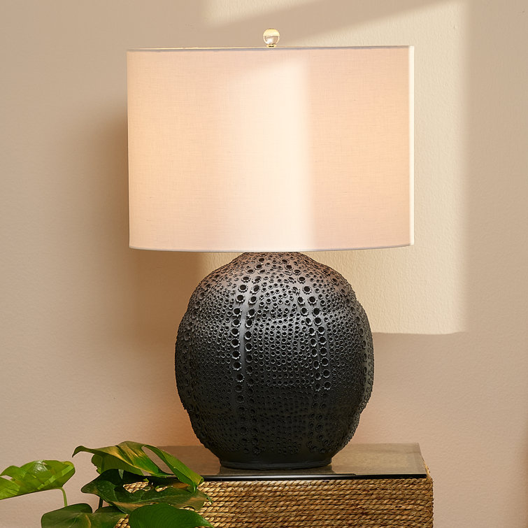 Matte Black Porcelain Table Lamp with White Linen Drum Shade